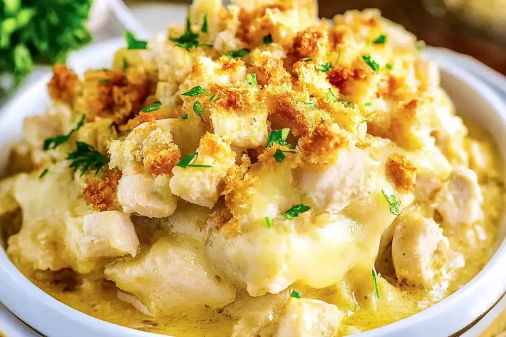 Close-up of a creamy chicken and stuffing casserole topped with golden breadcrumbs and garnished with fresh parsley.