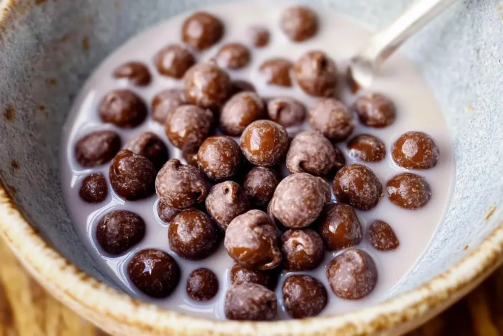 A close-up of a bowl filled with chocolate cereal balls and milk, showcasing the creamy texture and rich chocolate flavor.