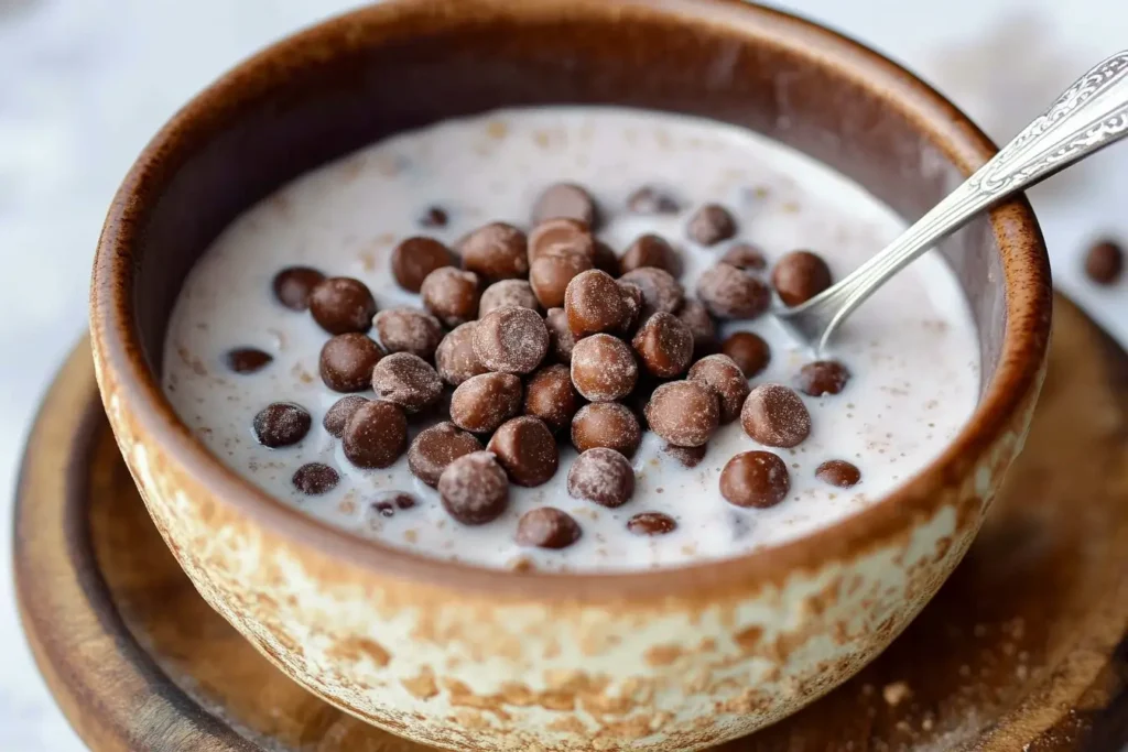 A ceramic bowl filled with chocolate cereal balls swimming in milk, paired with a spoon, ideal for a nutritious breakfast.