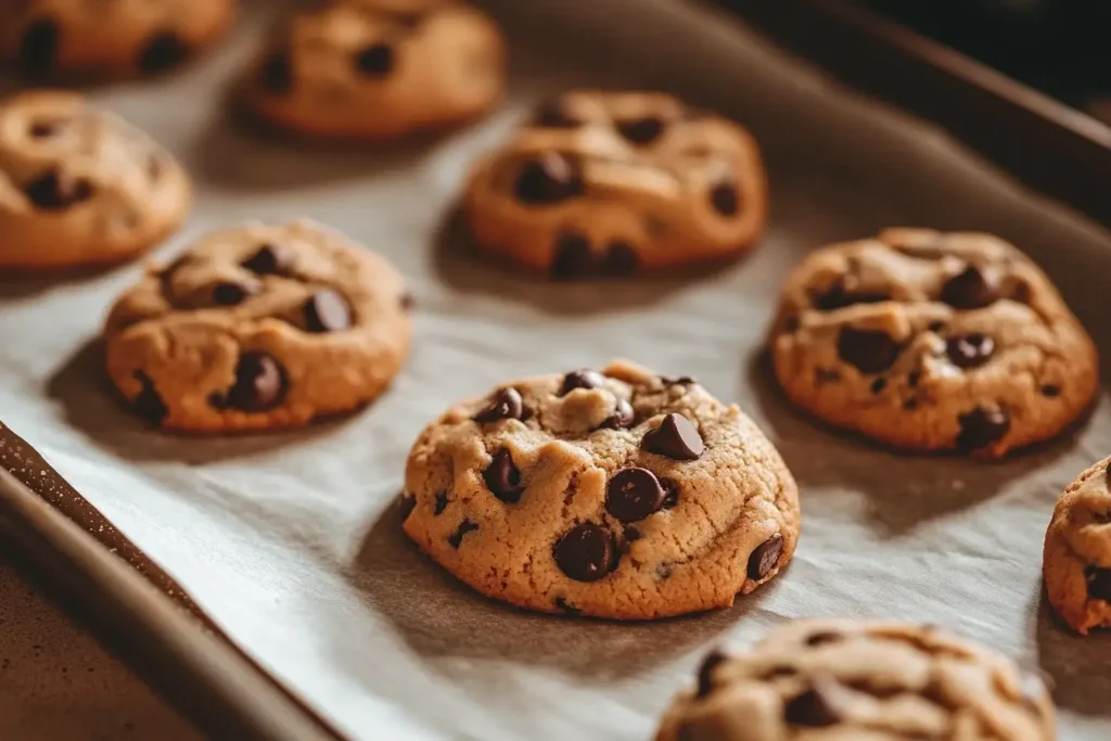 Chocolate chip cookies placed evenly on a parchment-lined baking sheet, ready to bake to perfection without brown sugar.