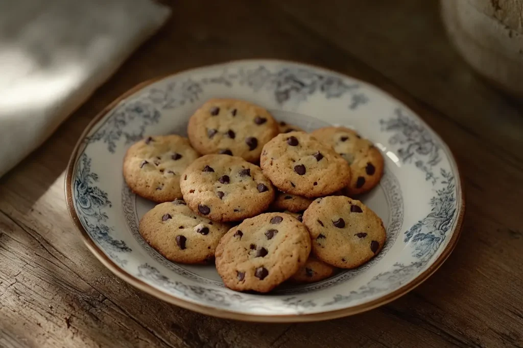 Chocolate chip cookies arranged on a vintage decorative plate with intricate floral designs, set on a rustic wooden table with natural light streaming in.