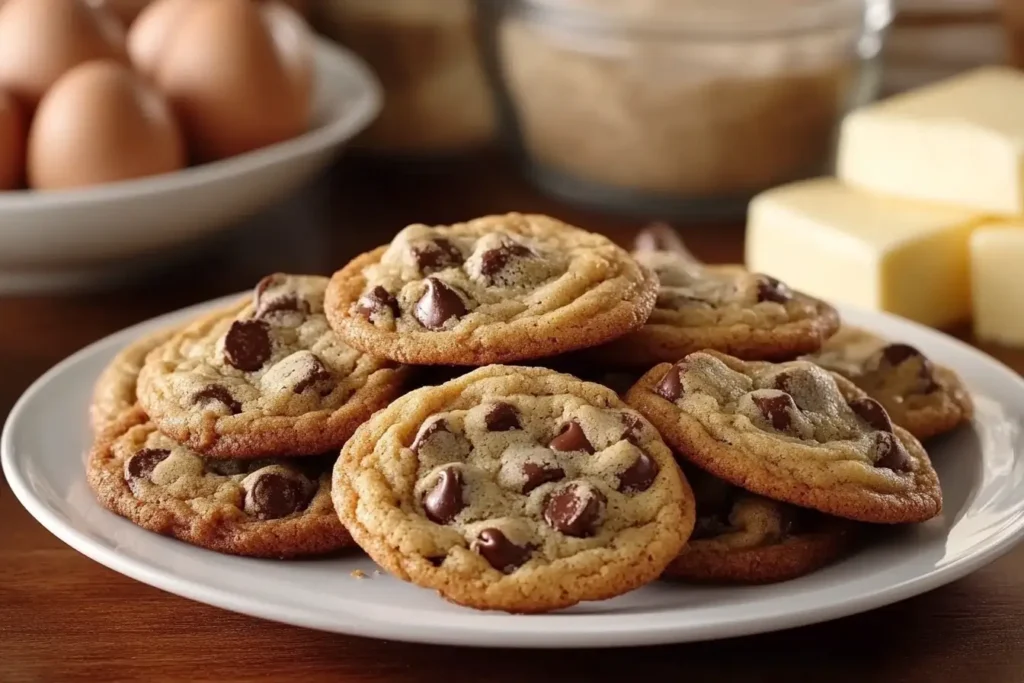 A plate of freshly baked chocolate chip cookies, featuring golden-brown edges and gooey chocolate chunks, placed on a wooden table with baking ingredients in the background.