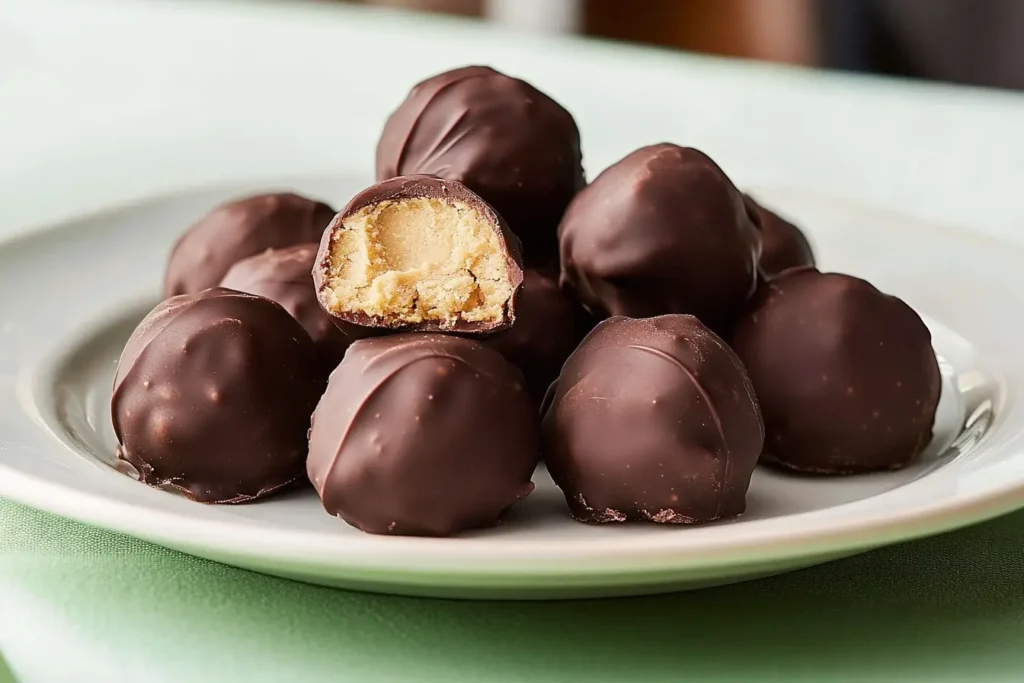 A close-up of chocolate-coated peanut butter balls with one ball bitten in half, showing the creamy peanut butter filling inside.