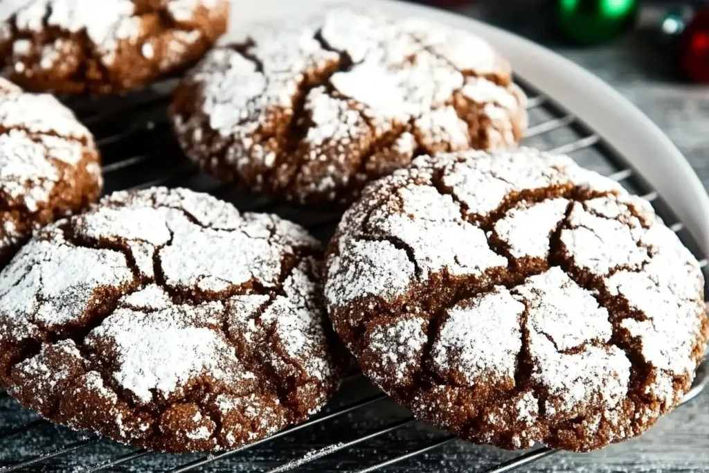 Close-up of chocolate Cool Whip cookies with a cracked surface and powdered sugar dusting, resting on a cooling rack.