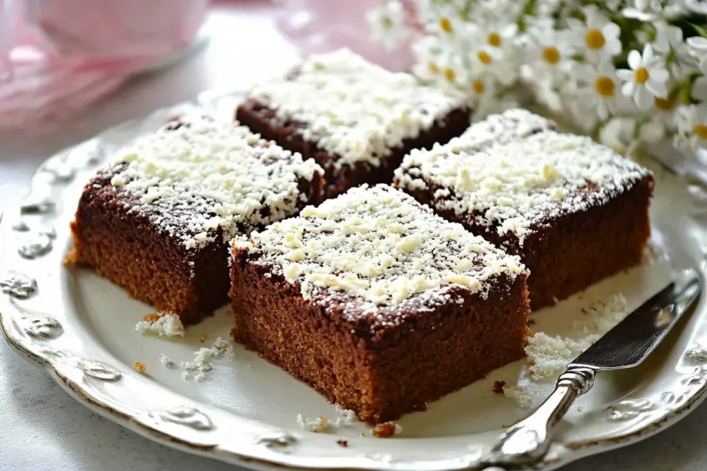Chocolate-flavored kefir sheet cake slices topped with powdered sugar on an elegant plate with a knife on the side.