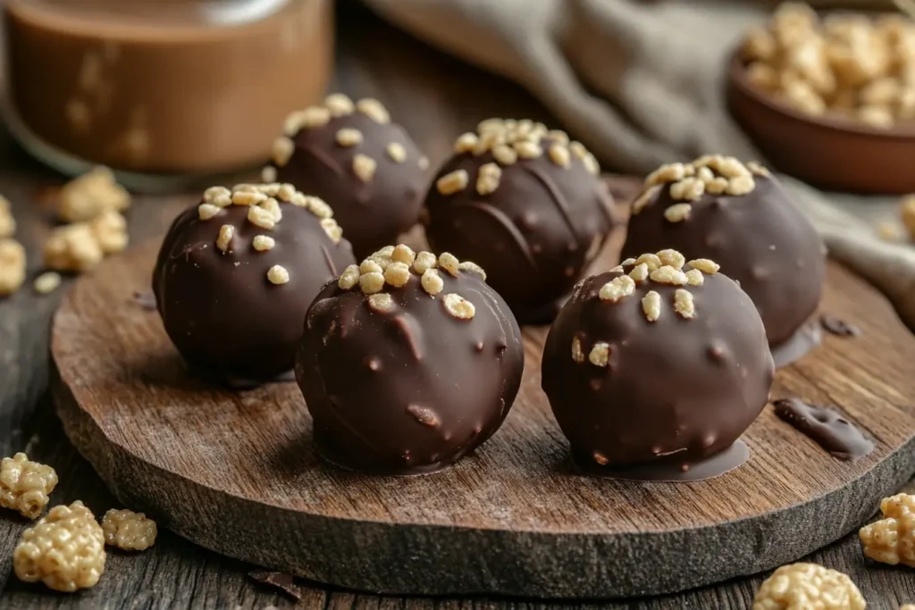 Close-up of chocolate-coated peanut butter balls topped with Rice Krispies on a wooden board, highlighting their glossy texture.