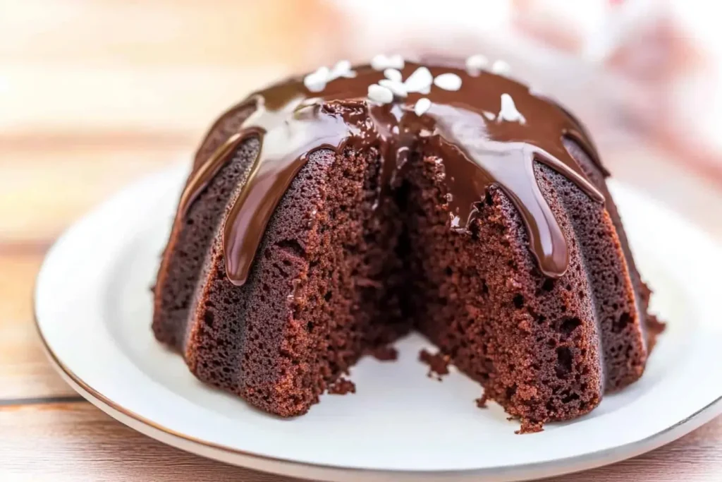A chocolate pound cake drizzled with glossy chocolate ganache and garnished with white sprinkles, highlighting its indulgent appeal.