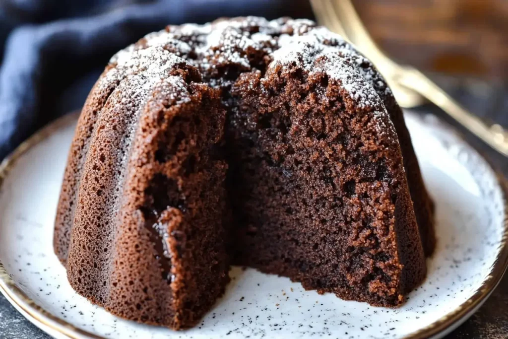 A close-up of chocolate pound cake dusted with powdered sugar, served on a plate, emphasizing its moist and fluffy texture.