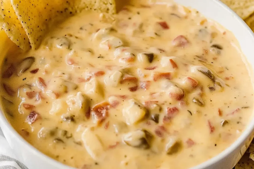 A rich queso dip with visible chunks of tomatoes and peppers, served in a white bowl with tortilla chips, highlighting its bold flavor and texture.