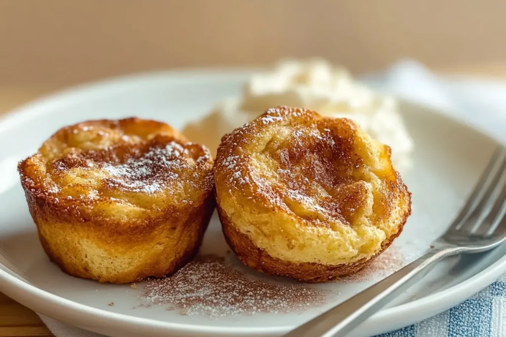 Two cinnamon sugar French toast muffins served with a dollop of whipped cream on a plate, ideal for an indulgent breakfast or snack.