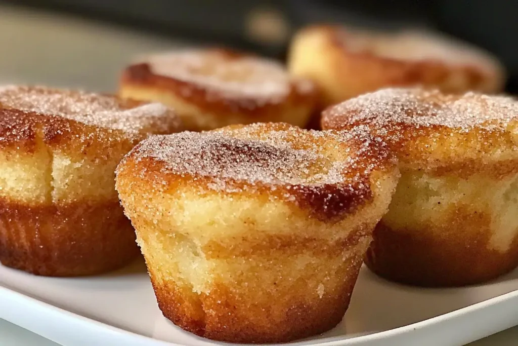 Close-up of golden cinnamon sugar French toast muffins, highlighting their soft texture and sugar-coated tops. Perfect for breakfast or brunch.