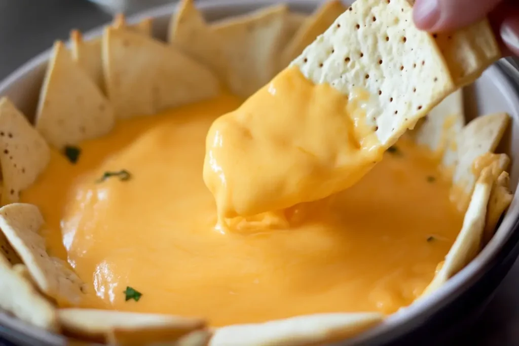 A creamy cheese dip in a white bowl with a cracker being dipped, surrounded by more crackers, showcasing its smooth and mild texture.