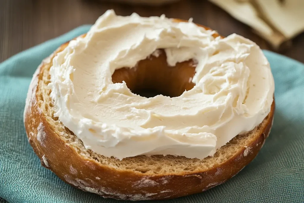 A plain bagel generously spread with creamy white cream cheese on a light blue napkin, representing the classic bagel and cream cheese pairing.