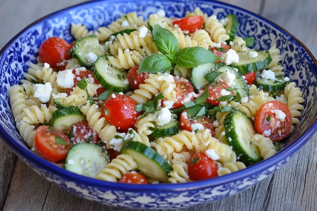 Classic cucumber tomato pasta salad in a blue bowl, featuring rotini pasta, cherry tomatoes, sliced cucumbers, feta cheese, and fresh basil.