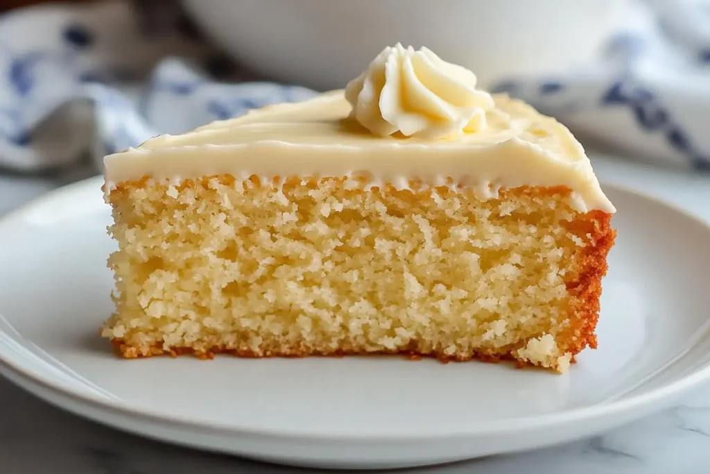 A plain slice of kefir sheet cake topped with smooth cream cheese frosting, served on a white plate with a simple design.