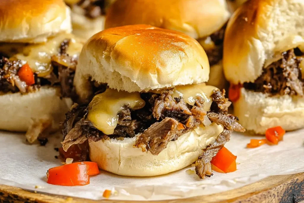 A close-up view of a Philly Cheesesteak Slider with shredded beef, melted cheese, and sautéed vegetables on a soft bun.