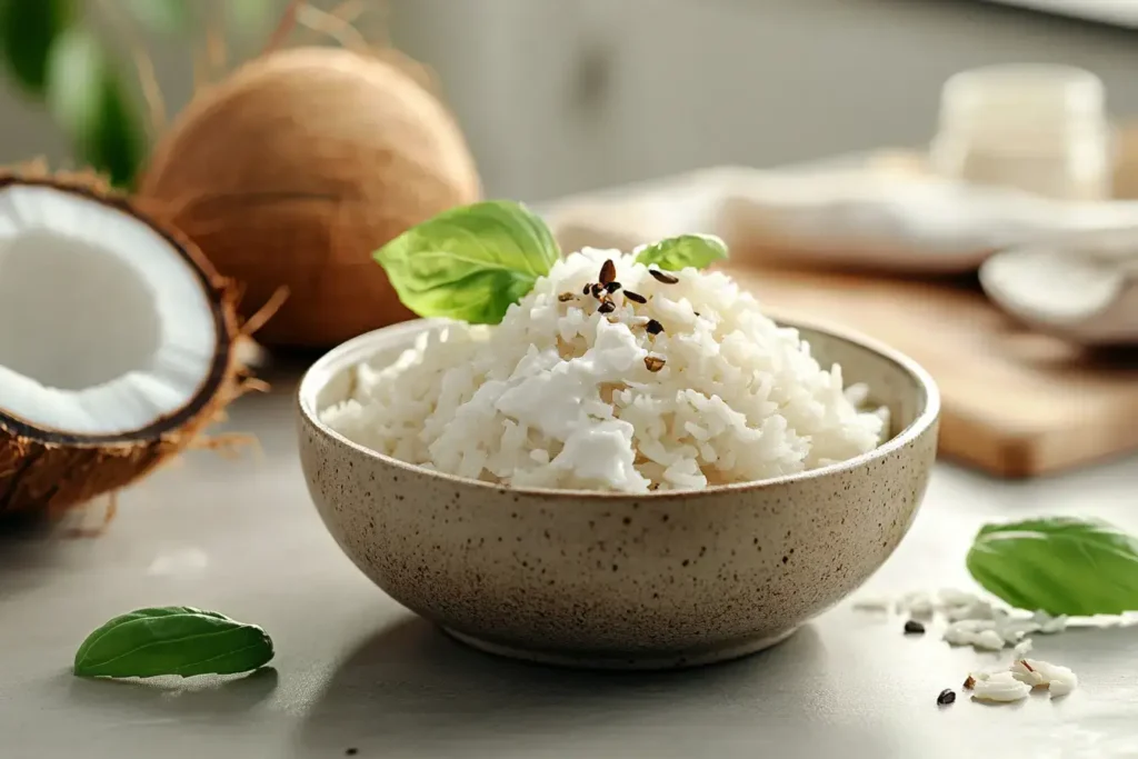 A bowl of fluffy coconut rice garnished with fresh basil leaves and sesame seeds, placed on a light-colored table with a fresh coconut and kitchen accessories in the background, emphasizing a minimalist and tropical-inspired presentation.