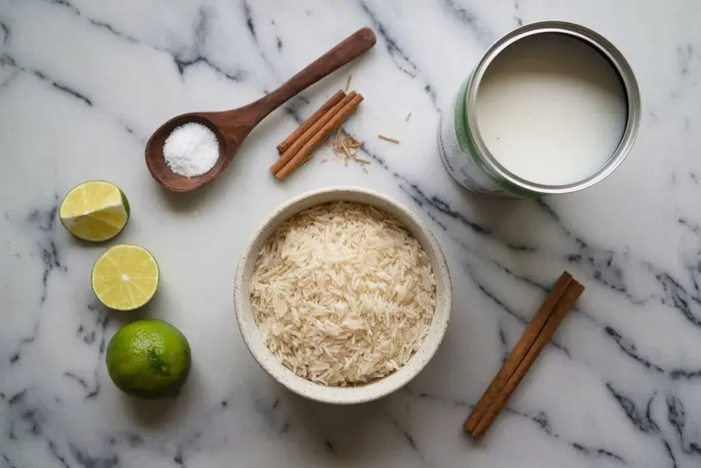 Overhead view of ingredients for creamy coconut rice, including jasmine rice, coconut milk, salt in a wooden spoon, and optional lime zest and cinnamon sticks on a marble countertop.