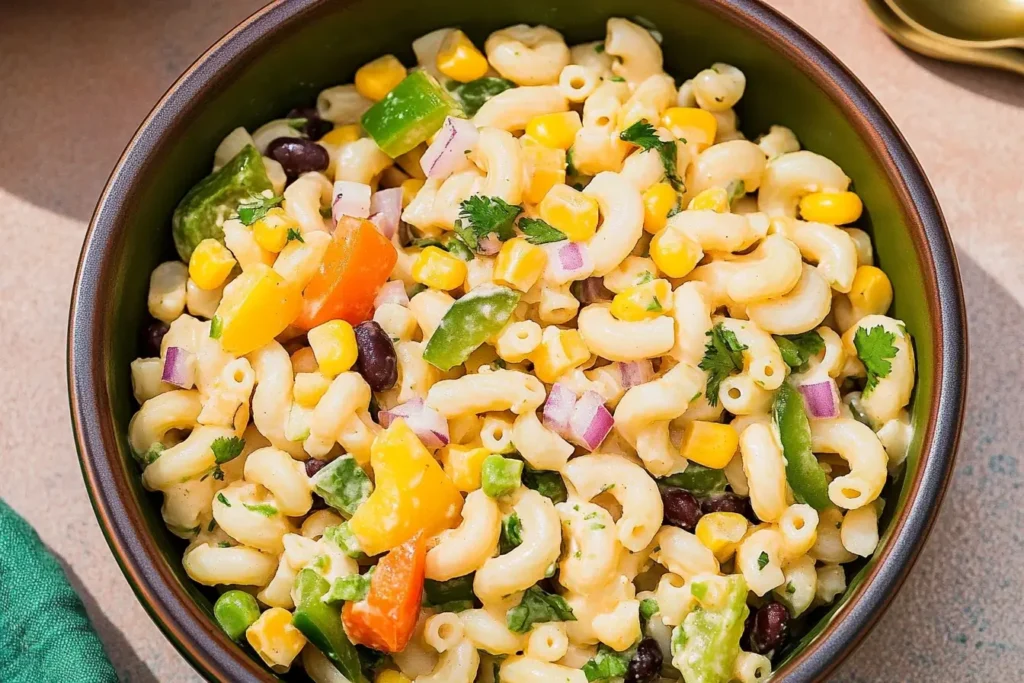 A vibrant bowl of Mexican macaroni salad with colorful bell peppers, corn, black beans, and cilantro, highlighting its fresh ingredients.