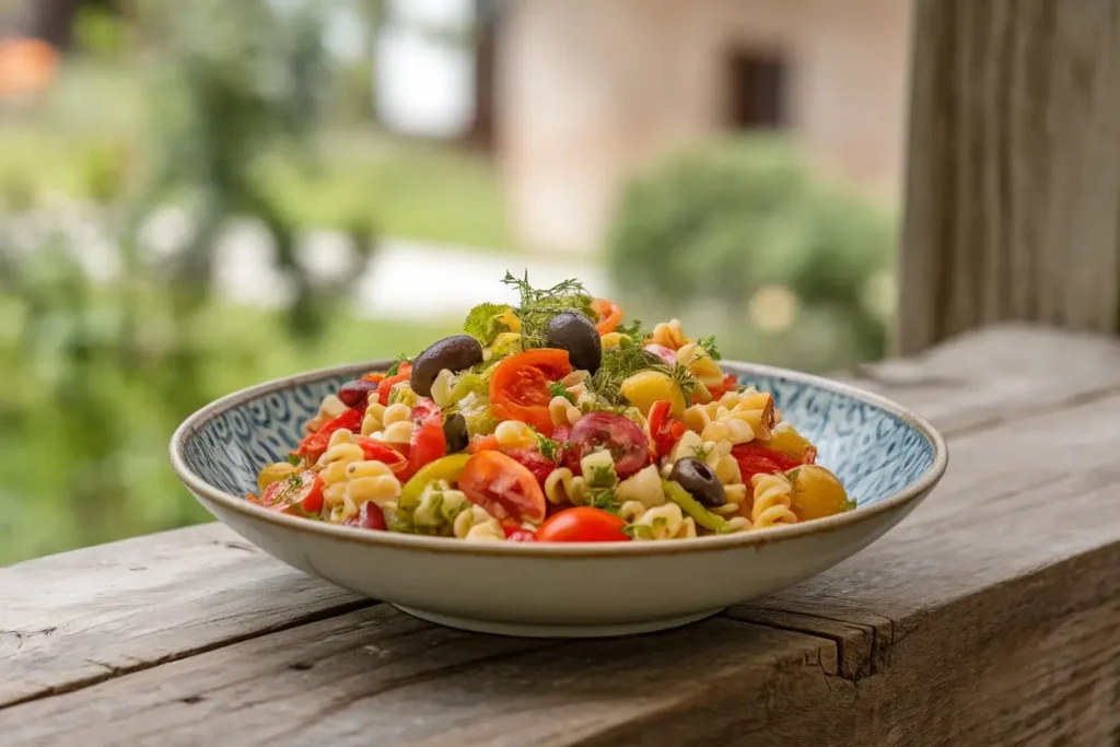 A vibrant bowl of pasta salad with cherry tomatoes, olives, and fresh herbs, displayed on a wooden table with a natural outdoor backdrop.