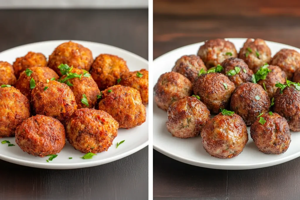 Two plates showing variations of fried and baked meatballs, garnished with fresh parsley, highlighting texture and color differences.