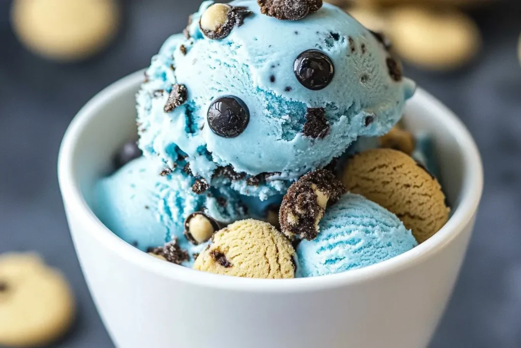 Close-up of Cookie Monster ice cream in a white cup, featuring vibrant blue scoops with chocolate chips, Oreos, and mini cookie chunks.