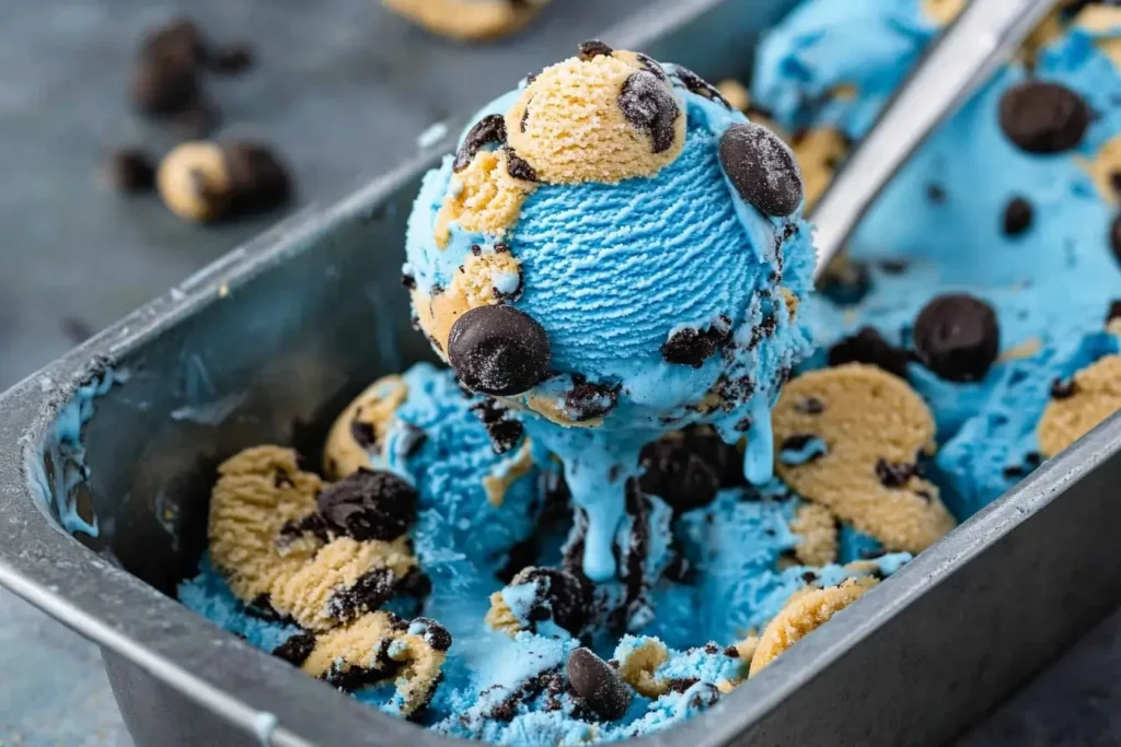 A scoop of Cookie Monster ice cream in a metal tray, surrounded by mini cookies and chocolate chips for garnish.