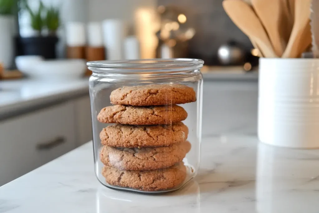 A stack of soft, homemade cookies stored in a transparent airtight glass jar, placed on a modern marble countertop in a cozy kitchen setting.