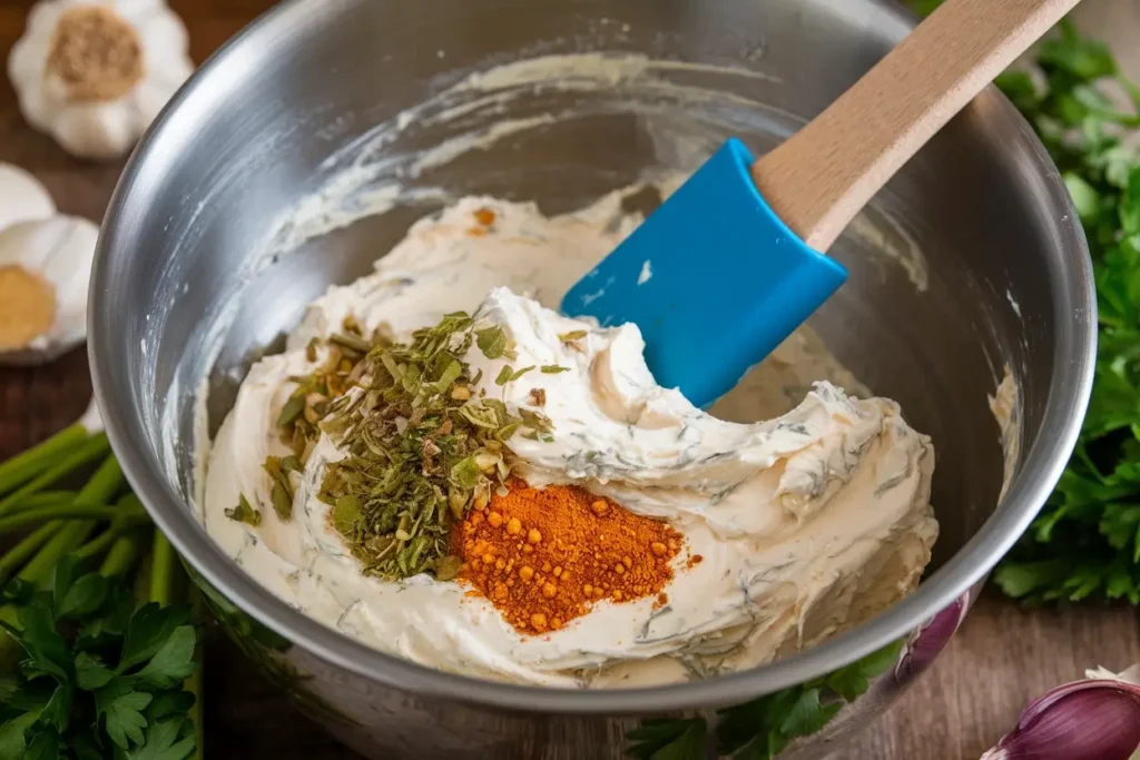 A bowl filled with softened cream cheese, herbs, and spices being mixed with a spatula, surrounded by fresh ingredients like garlic and parsley.