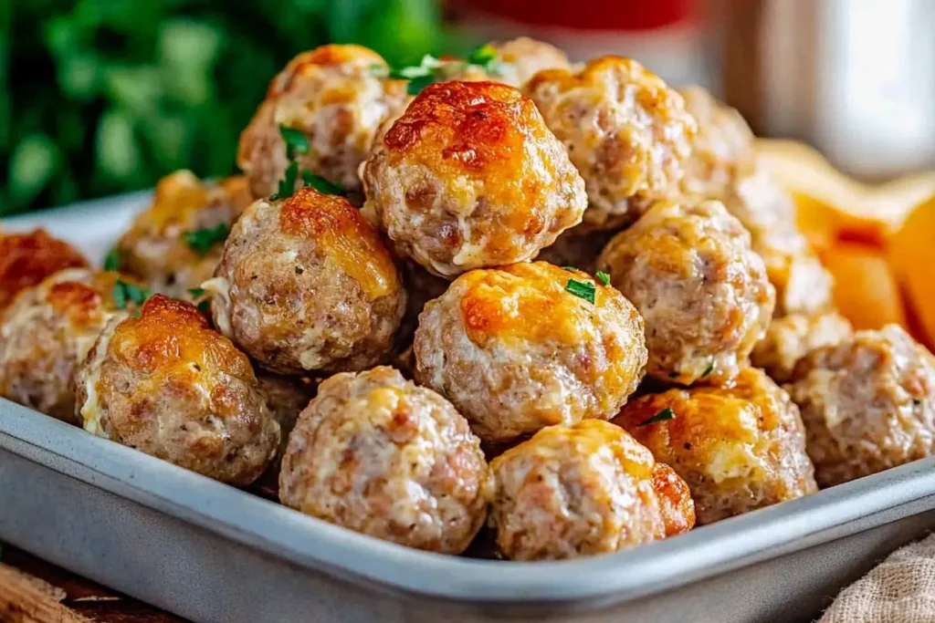 A tray full of perfectly baked cream cheese sausage balls, garnished with parsley and ready to be served as a delicious appetizer or snack.