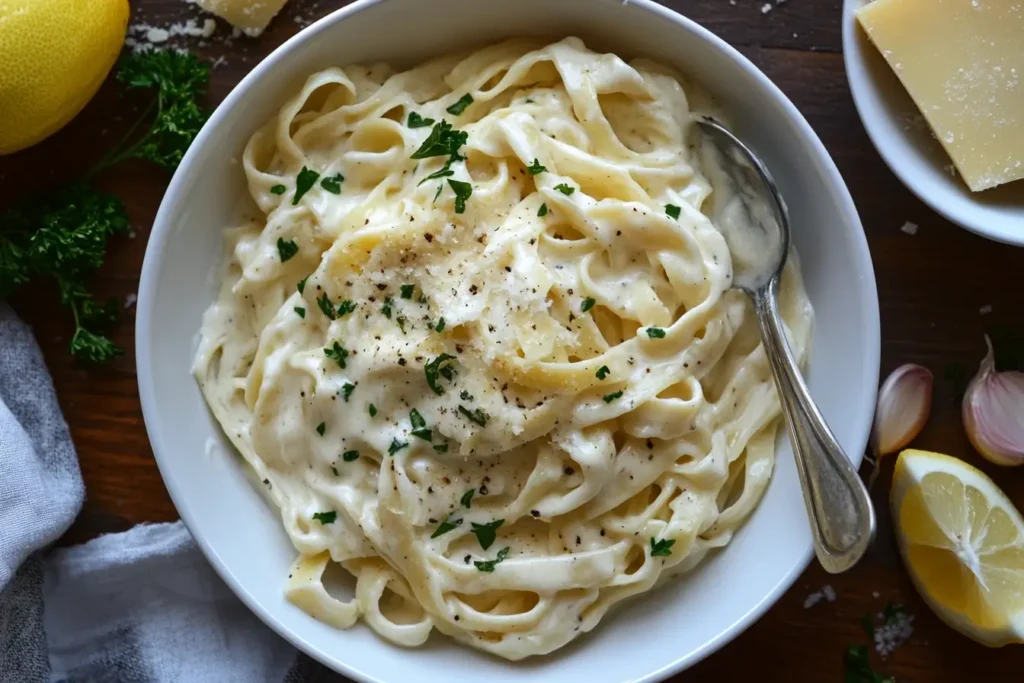 A rich and creamy Alfredo sauce with fresh ingredients like Parmesan cheese, garlic, and parsley.