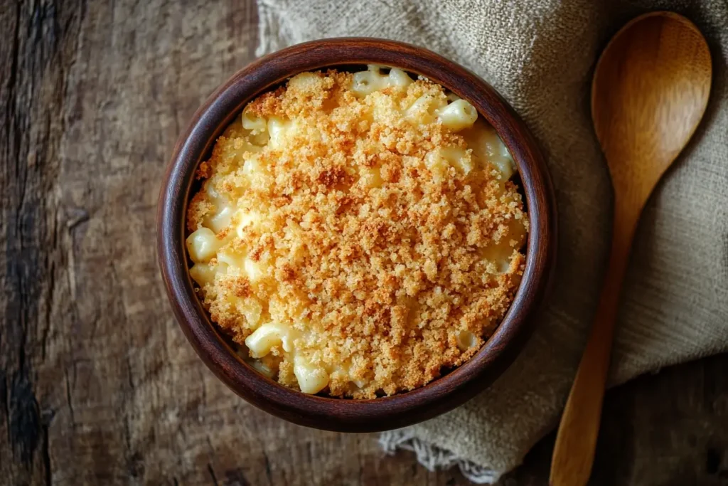 A golden bowl of creamy baked mac and cheese with a crispy breadcrumb topping, highlighting the dish's comforting appeal.