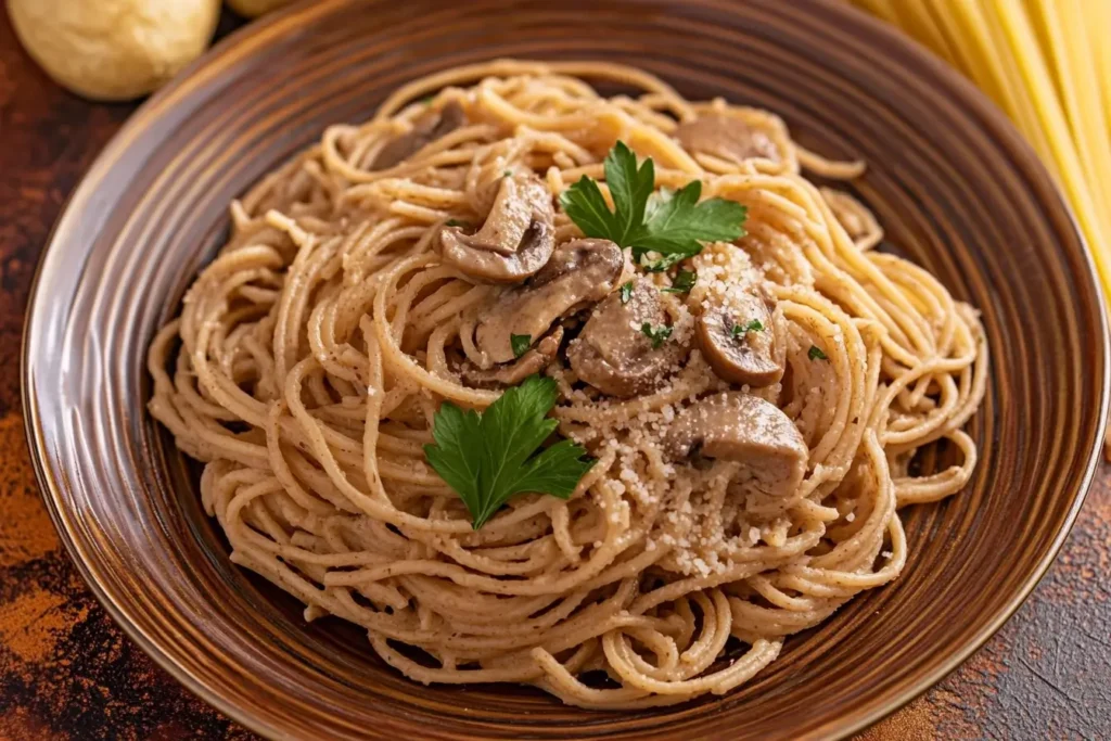 A plate of brown rice spaghetti topped with creamy mushroom sauce and garnished with fresh parsley, showcasing a homemade, healthy meal option.