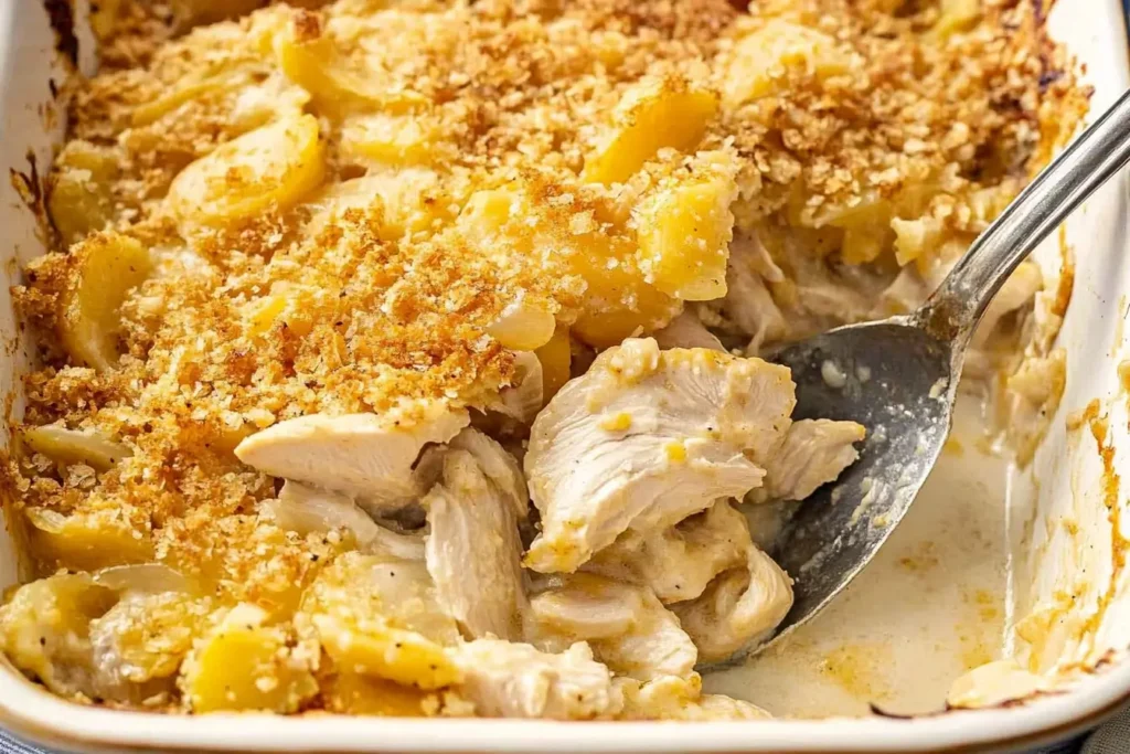 Close-up of a creamy chicken casserole topped with golden breadcrumbs, featuring tender chicken pieces and rich sauce for added flavor.