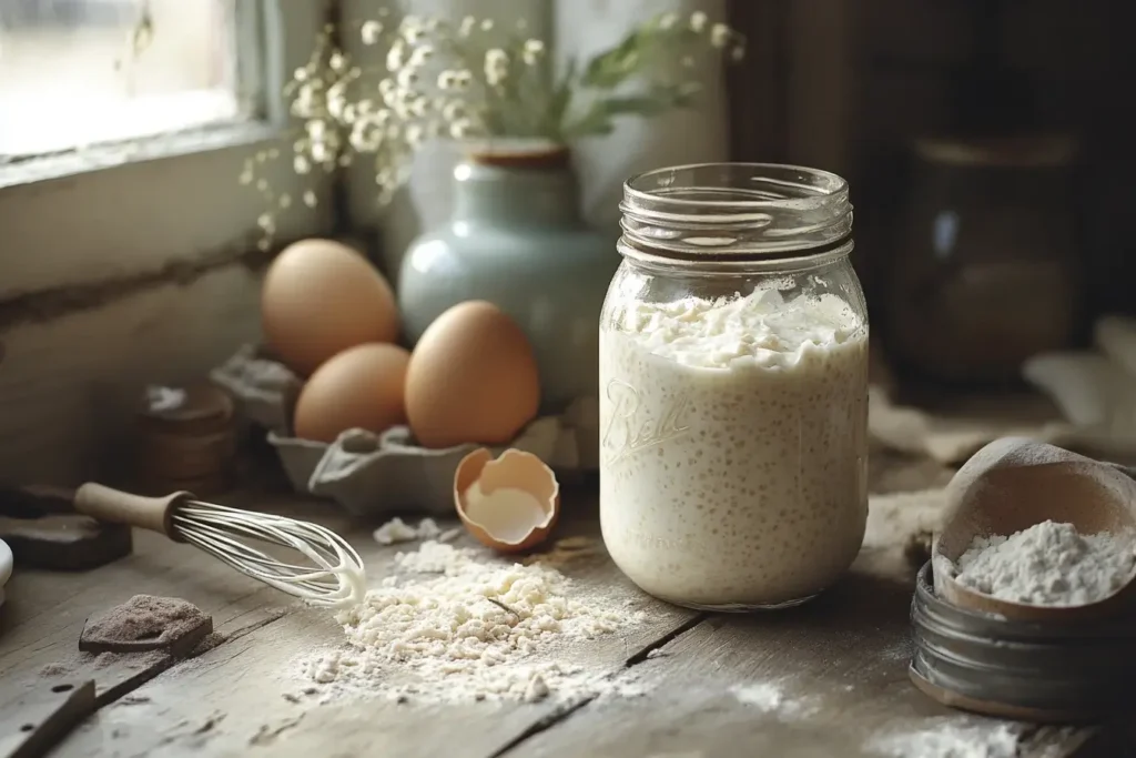 A jar of homemade kefir on a wooden kitchen table surrounded by simple baking ingredients, including flour and a whisk, with natural light streaming in for a warm, homemade feel.