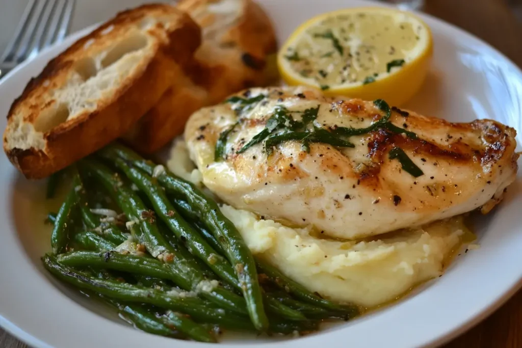 Plated creamy lemon chicken served with garlic mashed potatoes, sautéed green beans, crusty bread, and a garnish of fresh parsley and lemon.