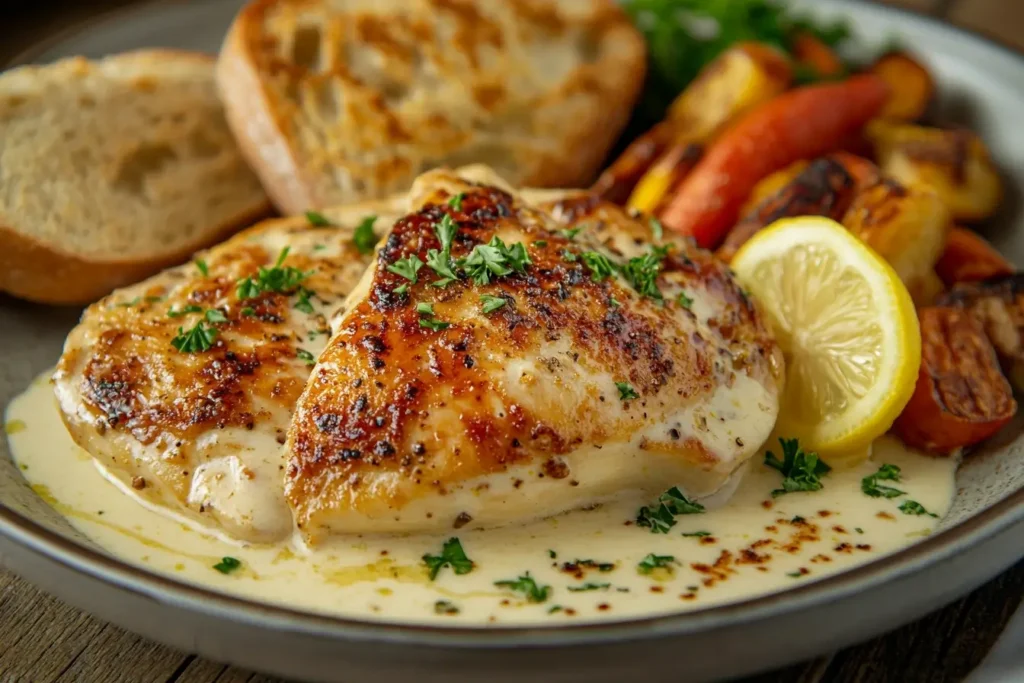 Golden-brown creamy lemon chicken served with roasted vegetables, crusty bread, and a slice of fresh lemon on a rustic plate.