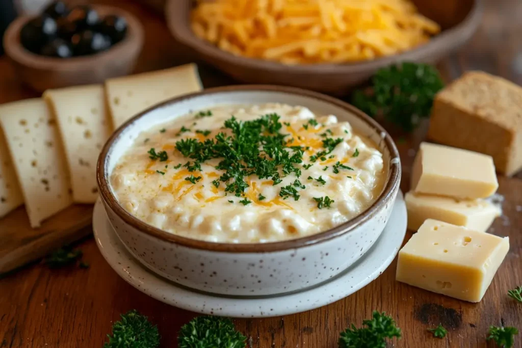 A plate of creamy mac and cheese in a white bowl, garnished with parsley and surrounded by blocks of cheddar, Gruyere, and mozzarella cheeses, perfect for showcasing the best cheese combinations.