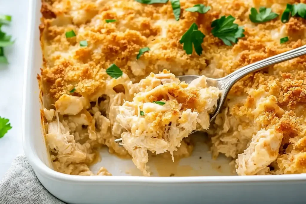A spoonful of creamy Ritz Cracker Chicken Casserole with tender chicken, golden cracker topping, and fresh parsley garnish in a casserole dish.