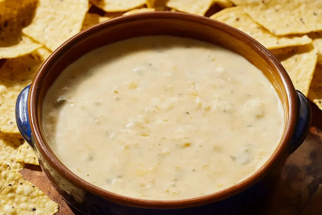 A smooth white cheese dip served in a ceramic bowl with tortilla chips, showcasing its light texture and neutral flavor.