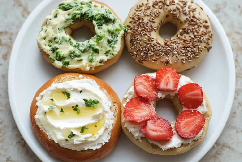 Four bagels with different toppings: honey and herbs, strawberries and cream cheese, pesto, and seeded bagels, showcasing variety and creativity.
