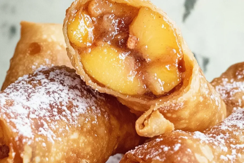 A batch of Peach Cobbler Egg Rolls with crisp, golden wrappers and gooey peach filling oozing out, garnished with powdered sugar.