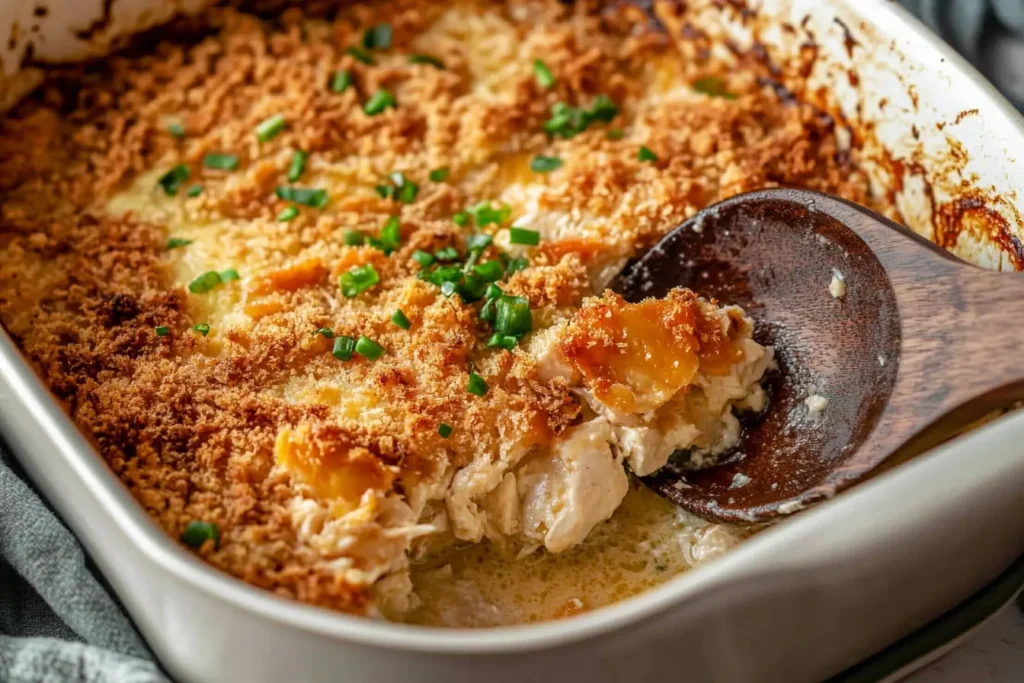 Chicken casserole with a crispy topping of breadcrumbs and melted cheese, garnished with fresh chives for a flavorful finish.