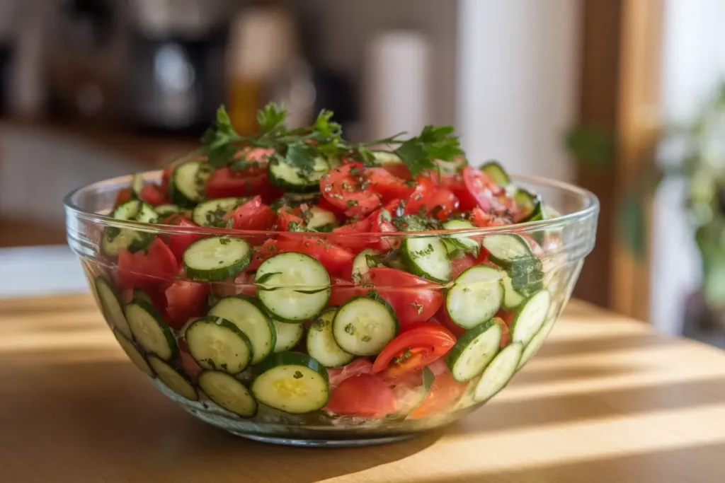 A vibrant glass bowl of cucumber and tomato salad, garnished with fresh parsley and lightly dressed, sitting on a sunlit wooden table.