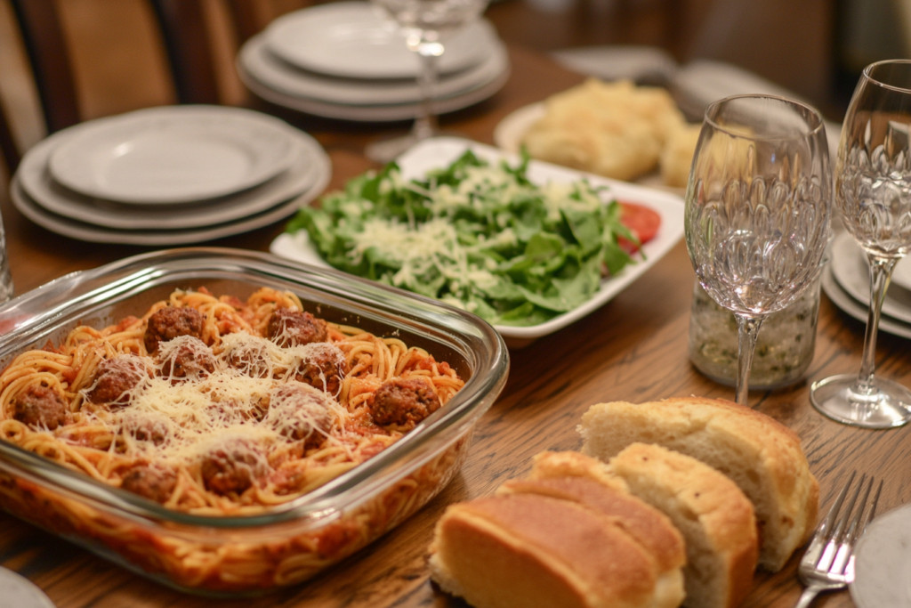 A beautifully arranged dinner table featuring baked spaghetti and meatballs, garlic bread, and a fresh green salad, ready for serving.