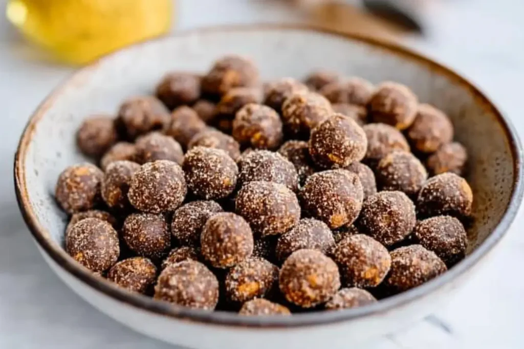 A bowl of freshly baked chocolate cereal clusters, perfectly coated with cocoa powder and sugar for a crunchy texture.