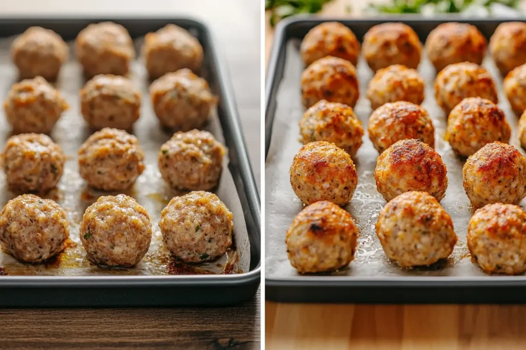 Side-by-side comparison of dry, crumbly sausage balls and moist, golden sausage balls baked to perfection.