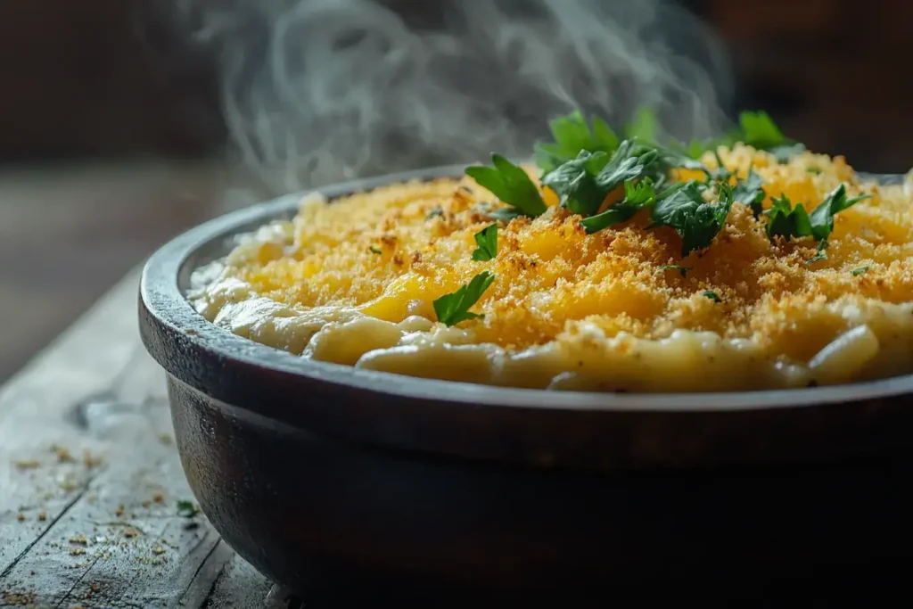 A steaming bowl of creamy Five Cheese Mac and Cheese topped with golden breadcrumbs, showcasing the ultimate comfort food.