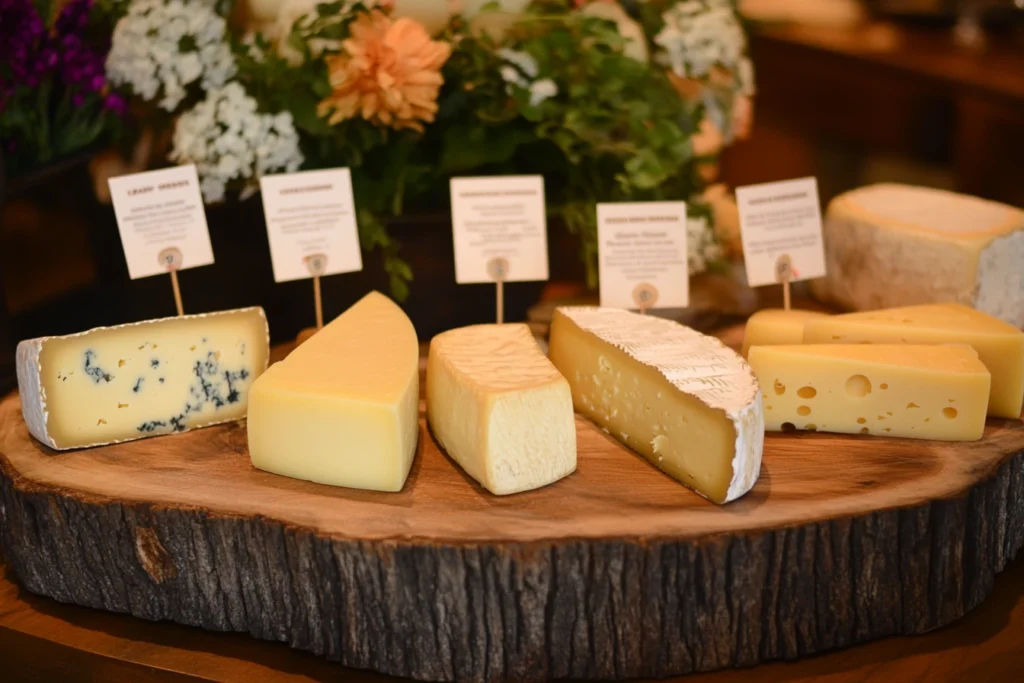 An artistic display of cheddar, mozzarella, Gruyère, Parmesan, and Gouda cheeses—the ideal blend for Five Cheese Mac and Cheese.