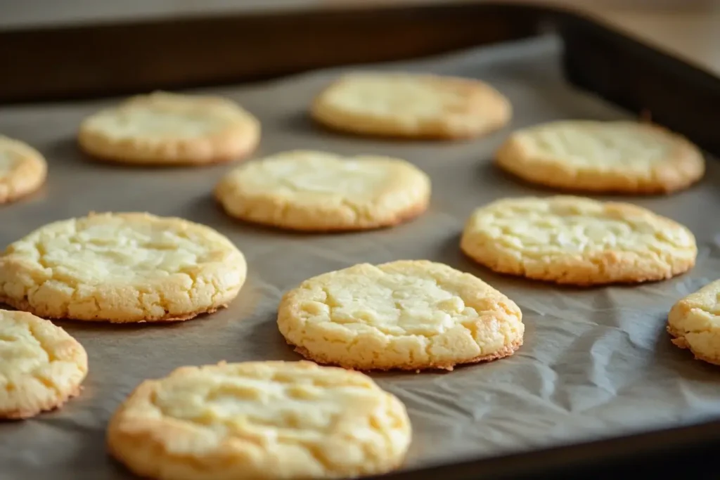 Flat Cool Whip cookies on a parchment-lined baking tray, showing uneven shapes and overbaked edges caused by spreading.